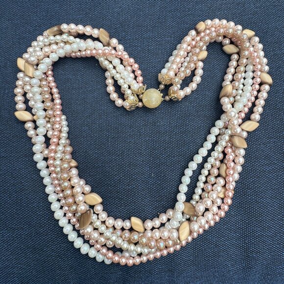 Vintage Japan Multi-Strand Faux Pearl & Tiger Eye Bead Necklace - Picture 3 of 9
